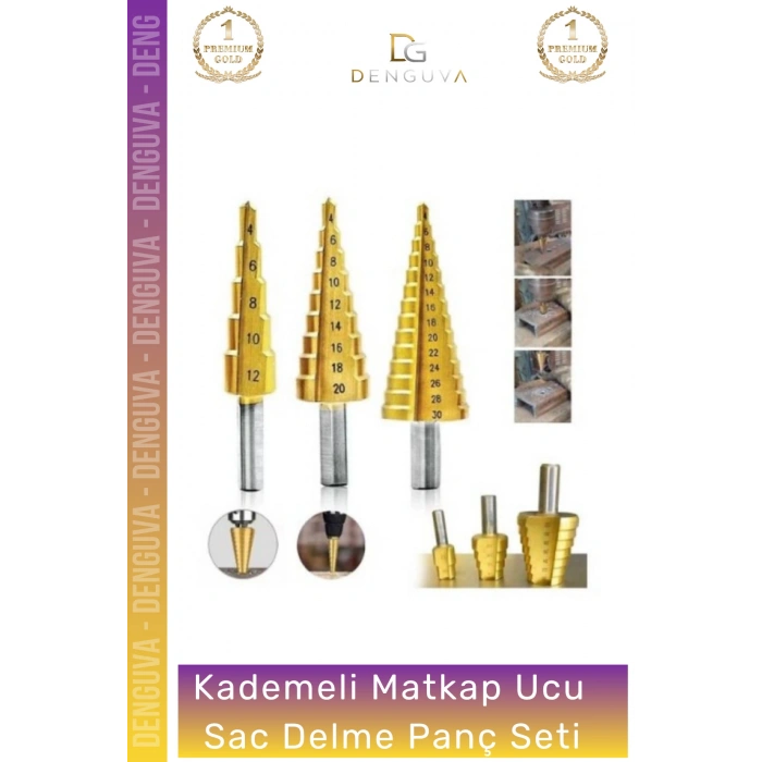 #SacDelmeSeti Profesyonel HSS Çelik Kademeli Matkap Ucu Kalay Kaplamalı 3 Parça Sac Delme Panç Seti