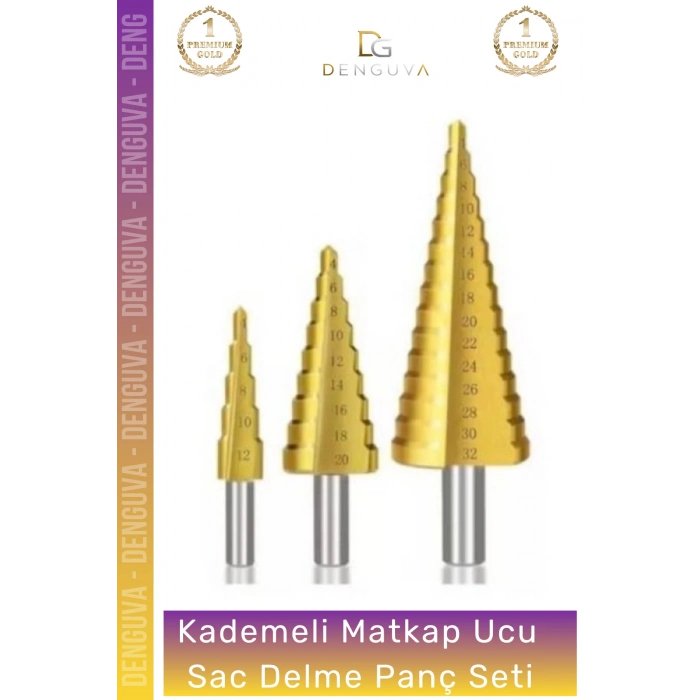 #SacDelmeSeti Profesyonel HSS Çelik Kademeli Matkap Ucu Kalay Kaplamalı 3 Parça Sac Delme Panç Seti