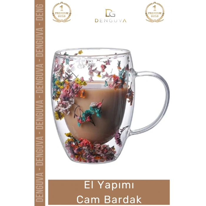 #CamBardak Çift Camlı Kurutulmuş Çiçekli Borosilikat Şık Estetik Zarif Cam Handmade Bardak 250ml