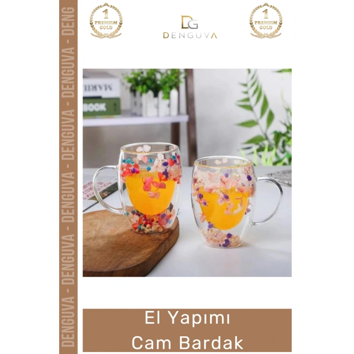 #CamBardak Çift Camlı Kurutulmuş Çiçekli Borosilikat Şık Estetik Zarif Cam Handmade Bardak 250ml