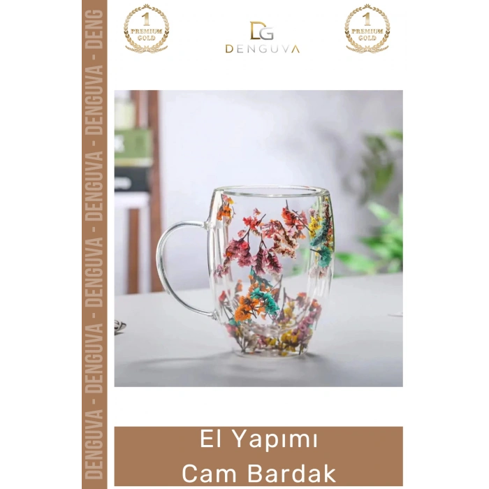 #CamBardak Çift Camlı Kurutulmuş Çiçekli Borosilikat Şık Estetik Zarif Cam Handmade Bardak 250ml