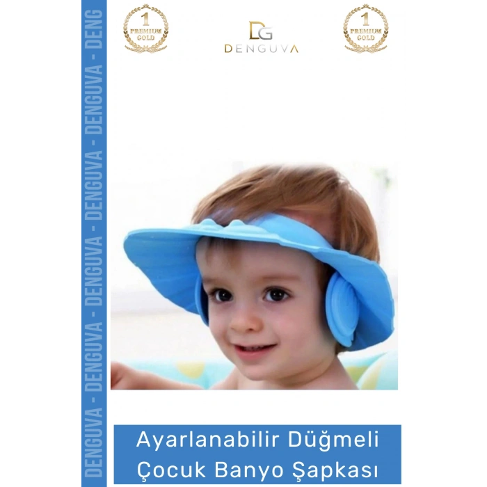 #BanyoŞapkası Fantazer Ayarlanabilir Düğmeli BPA İçermeyen Esnek Bebek Banyo Su Kaçırmayan Mavi Şapka
