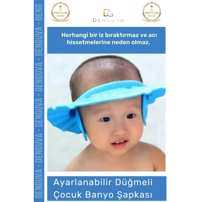#BanyoŞapkası Fantazer Ayarlanabilir Düğmeli BPA İçermeyen Esnek Bebek Banyo Su Kaçırmayan Mavi Şapka