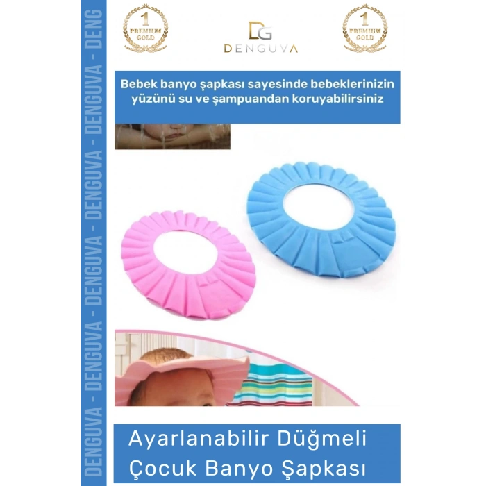 #BanyoŞapkası Fantazer Ayarlanabilir Düğmeli BPA İçermeyen Esnek Bebek Banyo Su Kaçırmayan Mavi Şapka