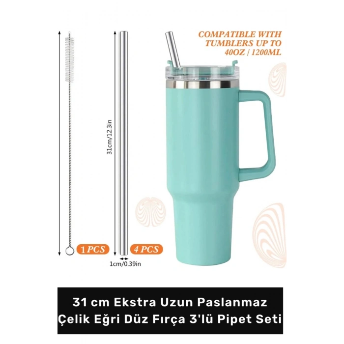 #Pipet Termos Bardak Ekolojik Paslanmaz Çelik Eğri Düz Fırça 3lü Pipet Seti