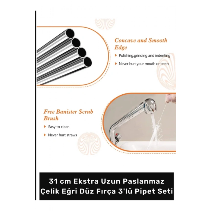 #Pipet Termos Bardak Ekolojik Paslanmaz Çelik Eğri Düz Fırça 3lü Pipet Seti