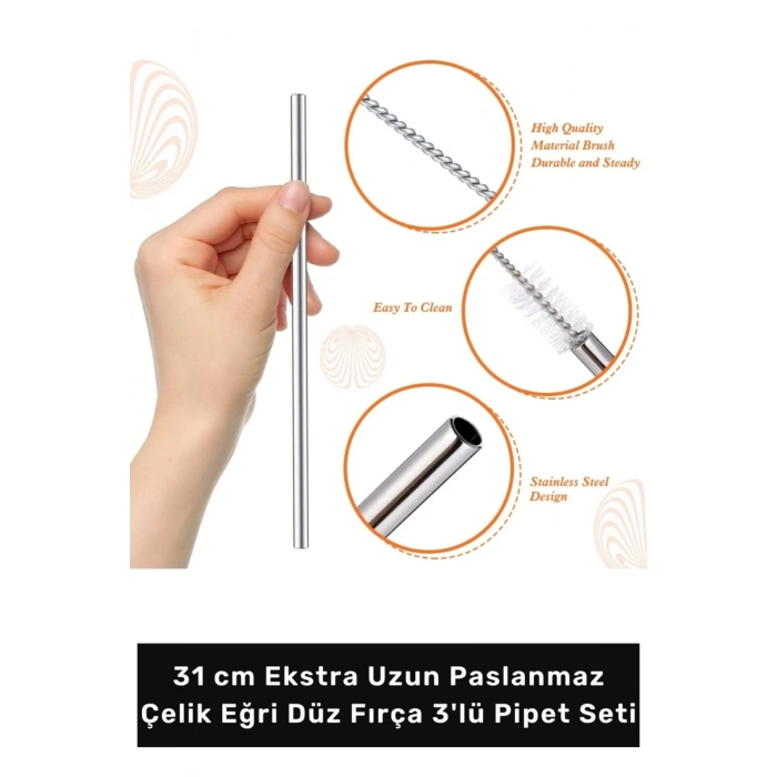 #Pipet Termos Bardak Ekolojik Paslanmaz Çelik Eğri Düz Fırça 3lü Pipet Seti