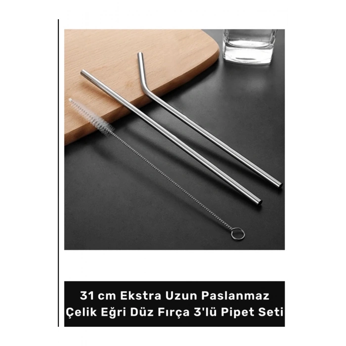 #Pipet Termos Bardak Ekolojik Paslanmaz Çelik Eğri Düz Fırça 3lü Pipet Seti