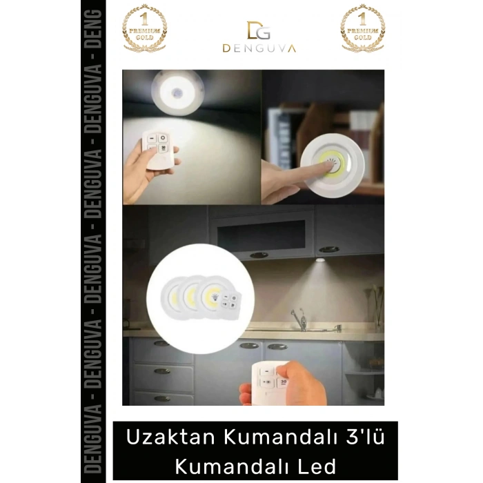 #LedSpot Uzaktan Kumandalı Yapışkanlı Pilli Kablosuz Dokunmatik Mutfak 3Lü Led Spot 1 Adet