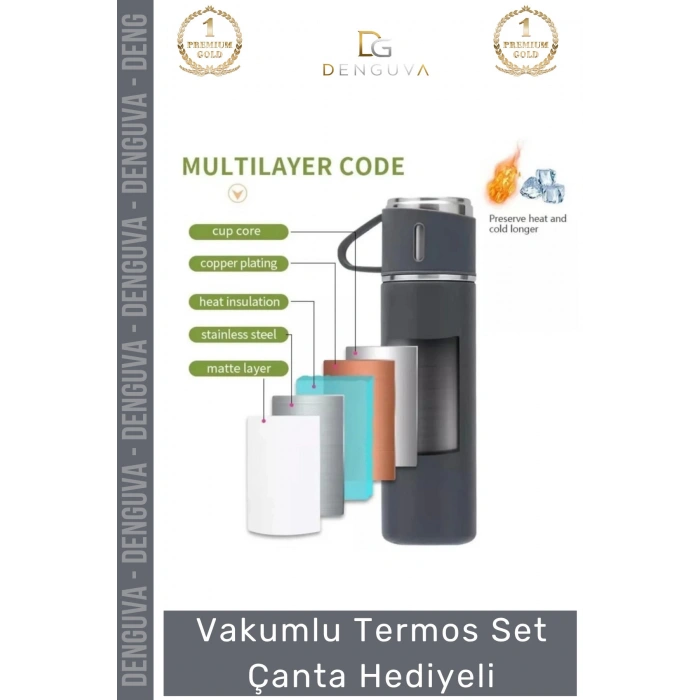 #ÇelikTermos Vakumlu Çelik Termos Bardaklı Kamp ğcılık Piknik Isı Koruyucu Set Çanta Hediyeli 550 Ml