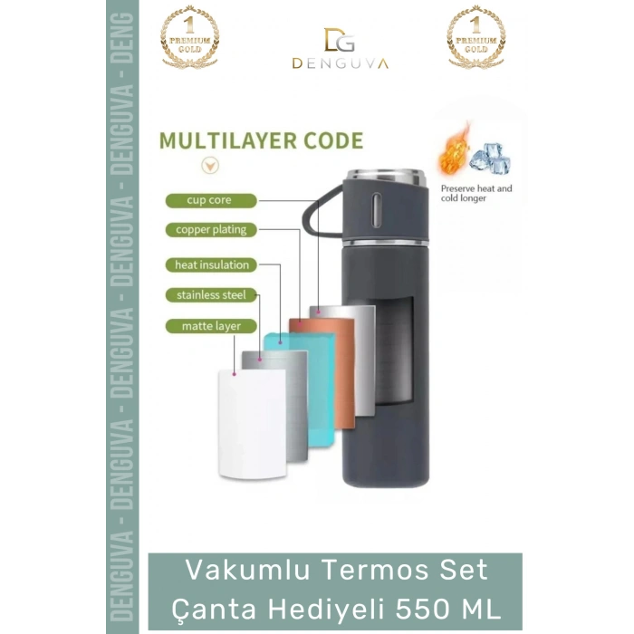 #ÇelikTermos Isı Korumalı Sızdırmaz Vakumlu Paslanmaz Çelik Termos Set Çanta Hediyeli 550 Ml