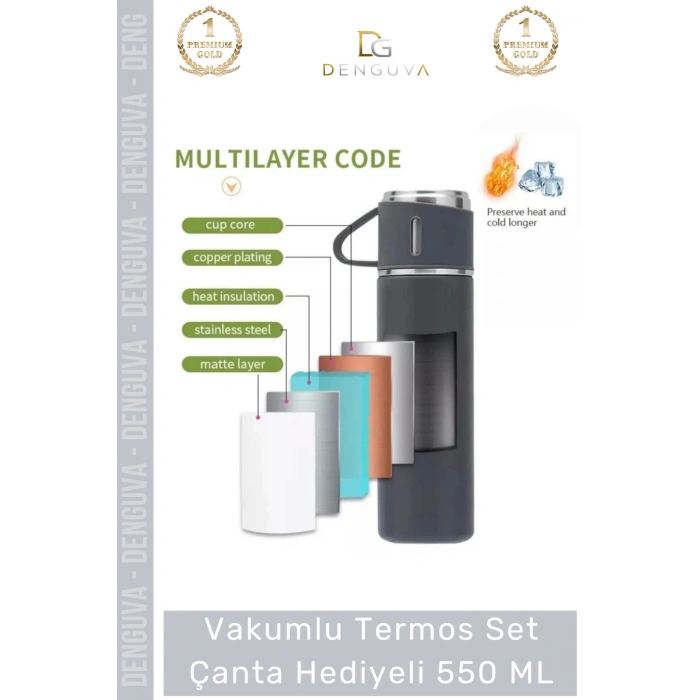 #ÇelikTermos Vakumlu Çelik Isı Yalıtımlı Kamp Bardaklı Sızdırmaz Termos Set Çanta Hediyeli 550 Ml