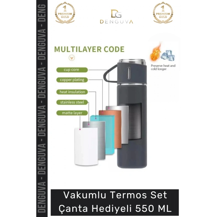 #ÇelikTermos Vakumlu Çelik Sızdırmaz Isı Koruyucu Kamp Piknik Ofis Termos Set Çanta Hediyeli 550 Ml