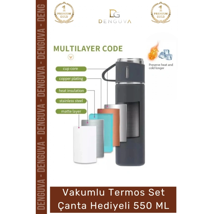 #ÇelikTermos Paslanmaz Vakumlu Isı Koruma Kamp Outdoor Sızdırmaz Termos Set Çanta Hediyeli 550 Ml