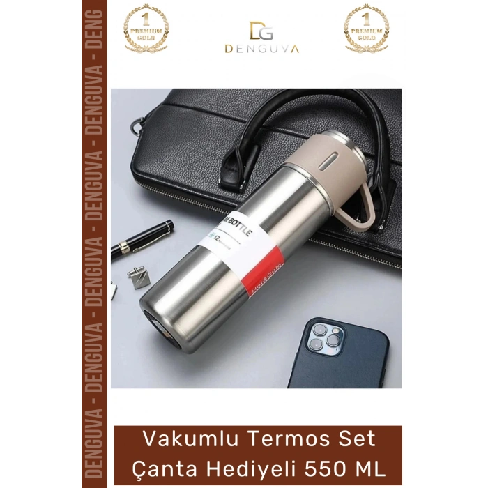#ÇelikTermos Paslanmaz Vakumlu Isı Koruma Kamp Outdoor Sızdırmaz Termos Set Çanta Hediyeli 550 Ml