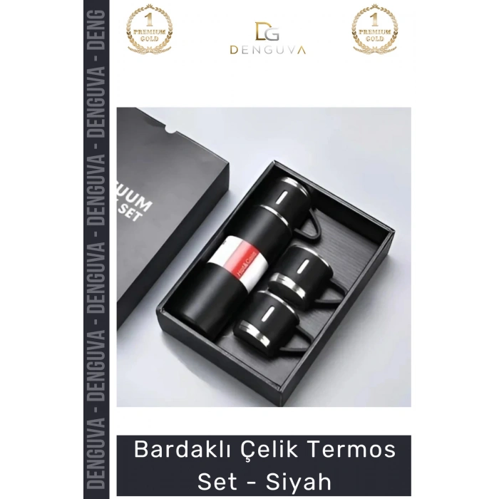 #Termos Hediyelik Mat Isı Yalıtımlı Vakumlu Paslanmaz 500ml Bardaklı Çelik Termos Set Siyah
