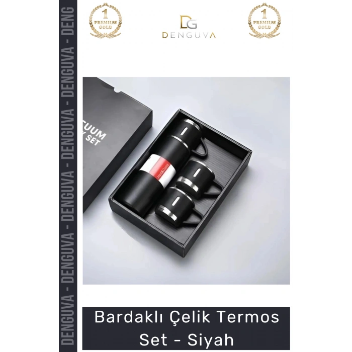 #Termos Hediyelik Mat Isı Yalıtımlı Vakumlu Paslanmaz 500ml Bardaklı Çelik Termos Set Siyah