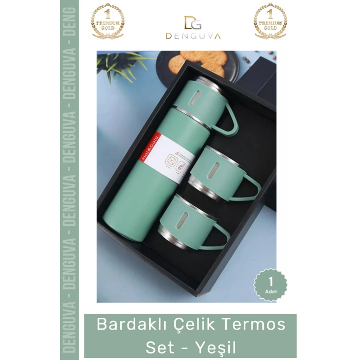 #Termos Hediye Kutulu 500ml 304 Paslanmaz Çelik Vakumlu Isı Bardaklı Çelik Termos Set Yeşil