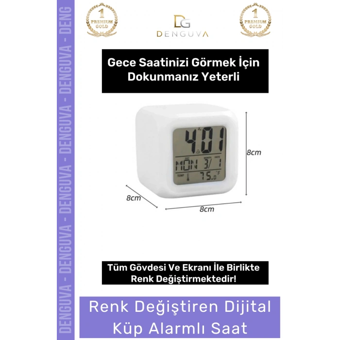 #ÇalarSaat Renk Değiştiren Dijital Termometreli Işıklı Dekoratif Gece Alarmlı Küp Masa Çalar Saat
