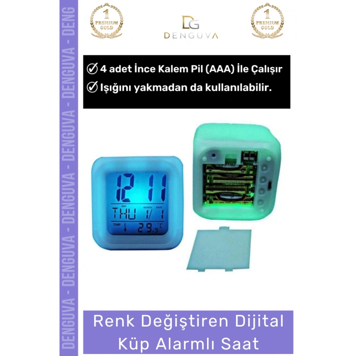 #ÇalarSaat Renk Değiştiren Dijital Termometreli Işıklı Dekoratif Gece Alarmlı Küp Masa Çalar Saat