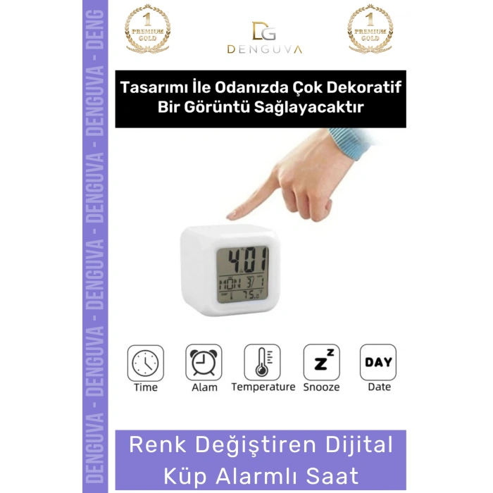 #ÇalarSaat Renk Değiştiren Dijital Termometreli Işıklı Dekoratif Gece Alarmlı Küp Masa Çalar Saat