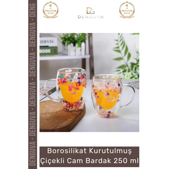 #Bardak Çift Camlı Orijinal Kurutulmuş Çiçekli Estetik Dekoratif Şık Tasarım Handmade Bardak 250 ml