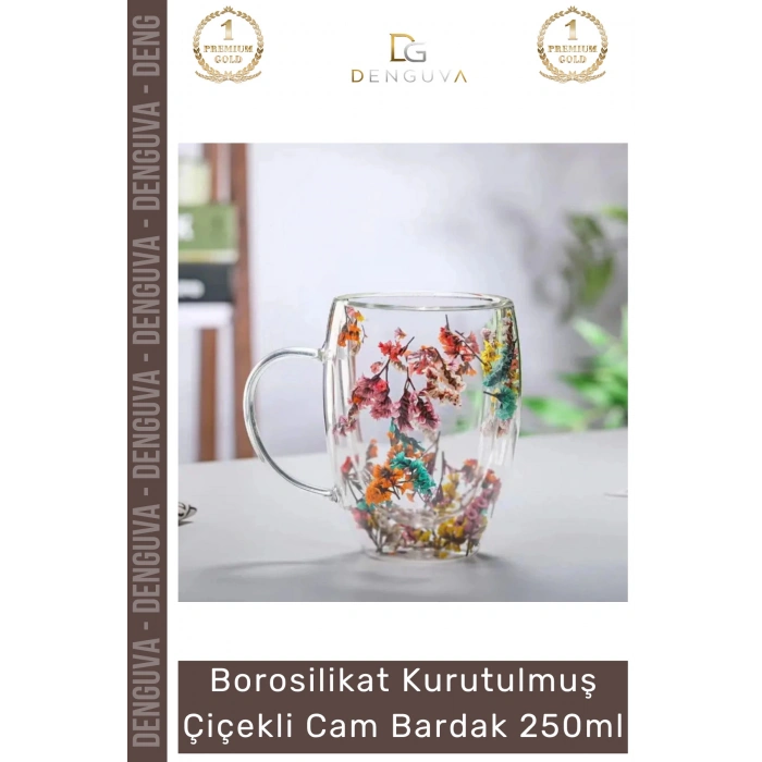 #Bardak Çift Camlı Orijinal Kurutulmuş Çiçekli Estetik Dekoratif Şık Tasarım Handmade Bardak 250 ml