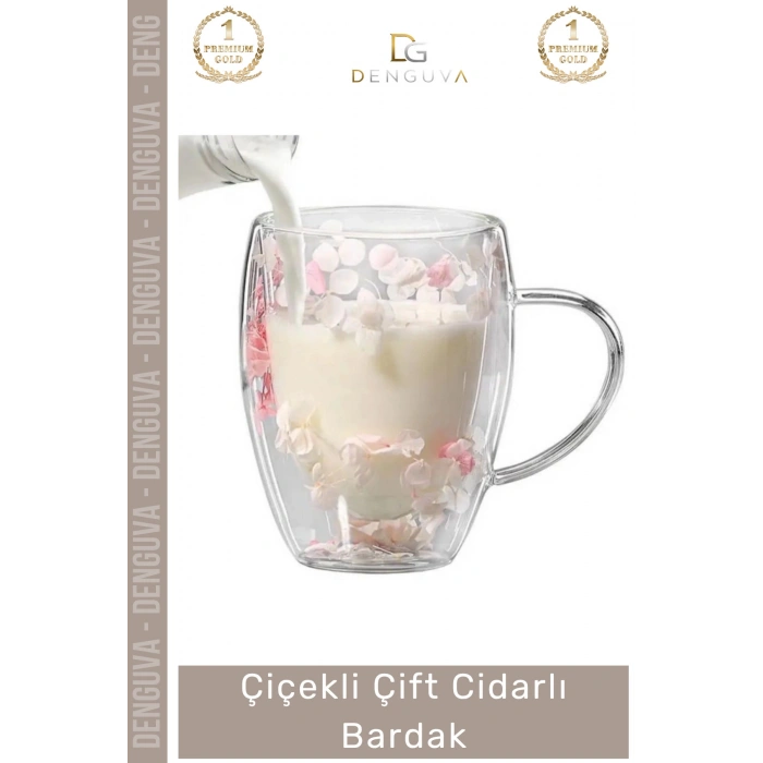 #Bardak Borosilikat Cam Çiçekli Isıya Dayanıklı Tasarım Kupa Lüks Çift Cidarlı Handmade Bardak