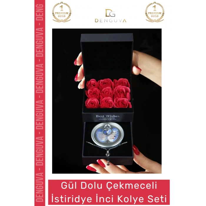 #Kolye Sevgiliye Hediye Kırmızı Gül Çekmeceli Kutu Tasarım Şık Takı İstiridye İnci Kolye Seti