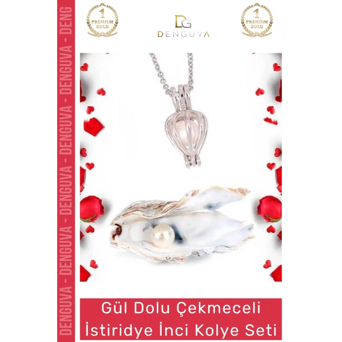 #Kolye Sevgiliye Hediye Kırmızı Gül Çekmeceli Kutu Tasarım Şık Takı İstiridye İnci Kolye Seti