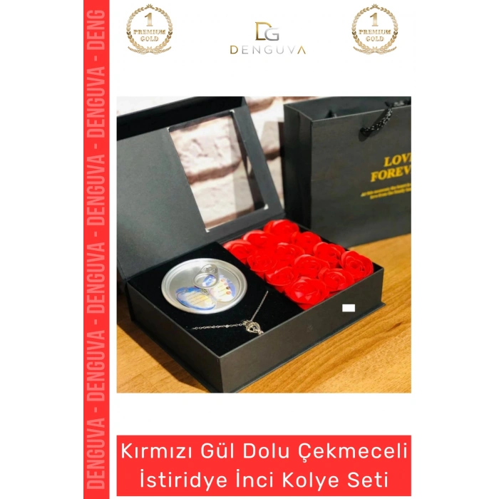 #Kolye Siyah Kutu Kokulu Kırmızı Gül Sevgililer Günü Tasarımı İstiridye İnci Kolye Seti