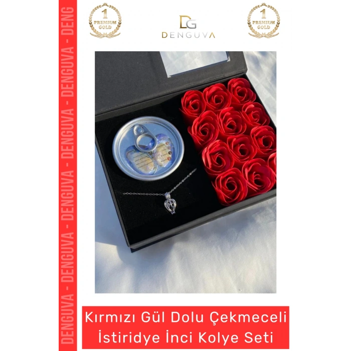 #Kolye Siyah Kutu Kokulu Kırmızı Gül Sevgililer Günü Tasarımı İstiridye İnci Kolye Seti
