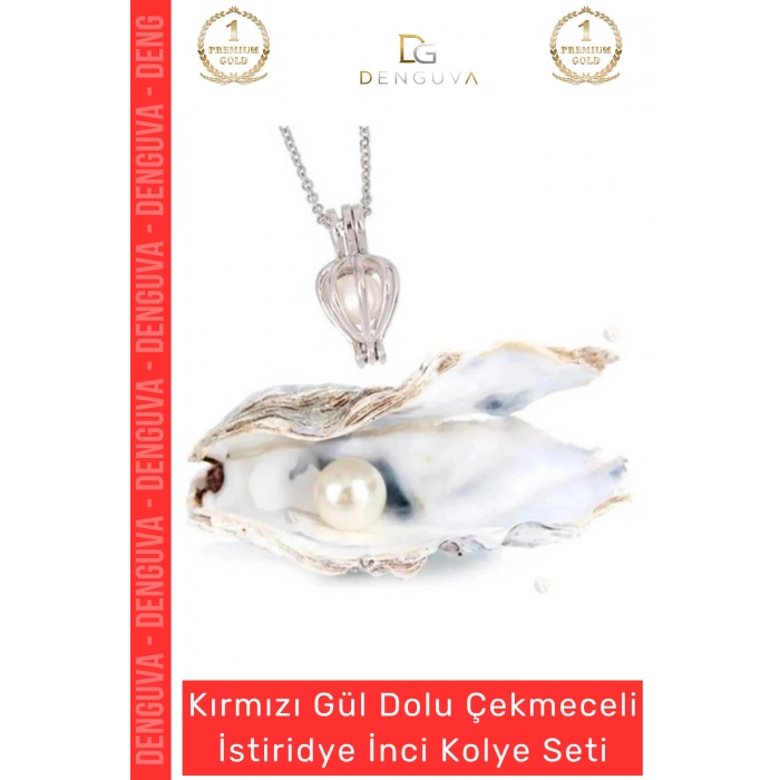 #Kolye Siyah Kutu Kokulu Kırmızı Gül Sevgililer Günü Tasarımı İstiridye İnci Kolye Seti
