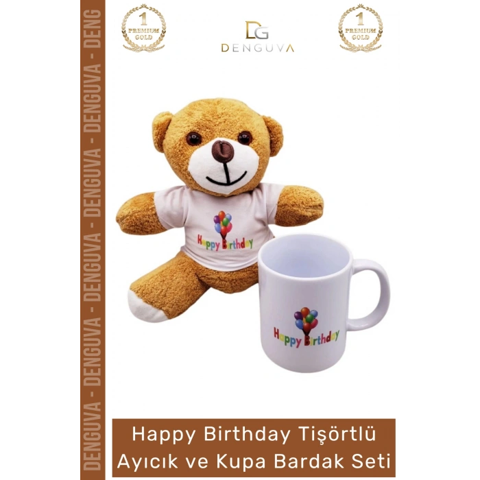 #AyıcıkSeti Happy Birthday Baskılı Tişörtlü Peluş Kahverengi Porselen Hediye Ayıcık Kupa Bardak Seti