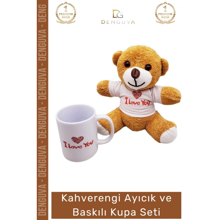 #AyıcıkSeti Love Baskılı Tişörtlü Peluş Kahverengi Porselen Hediye Ayıcık Kupa Bardak Seti