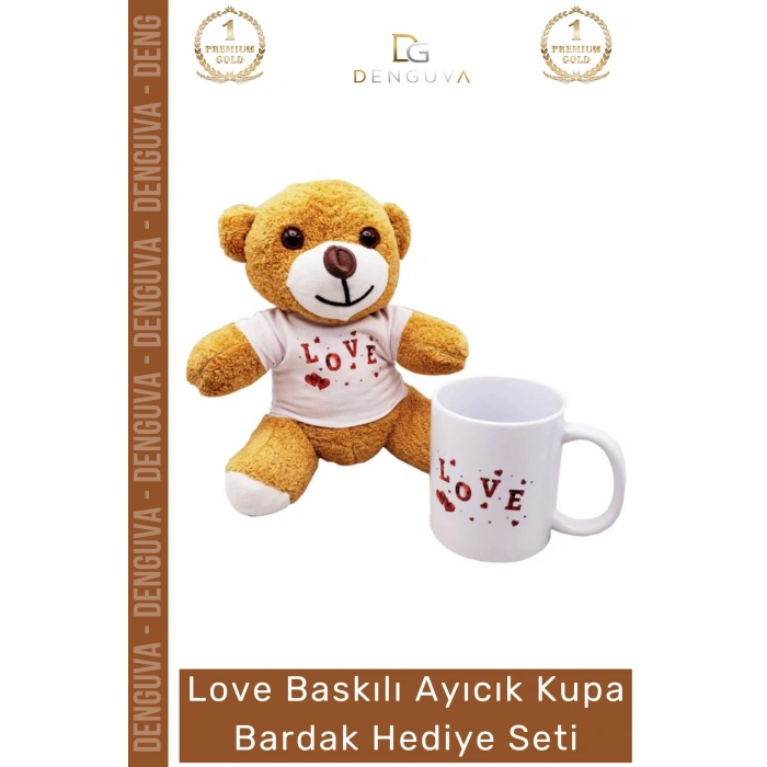 #AyıcıkSeti Love Baskılı Tişörtlü Peluş Kahverengi Porselen Hediye Ayıcık Kupa Bardak Seti
