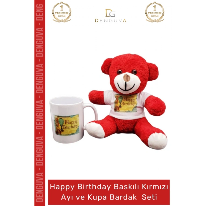 #AyıcıkSeti Happy Birthday Baskılı Tişörtlü Peluş Kırmızı Hediye Ayıcık Porselen Kupa Bardak Seti