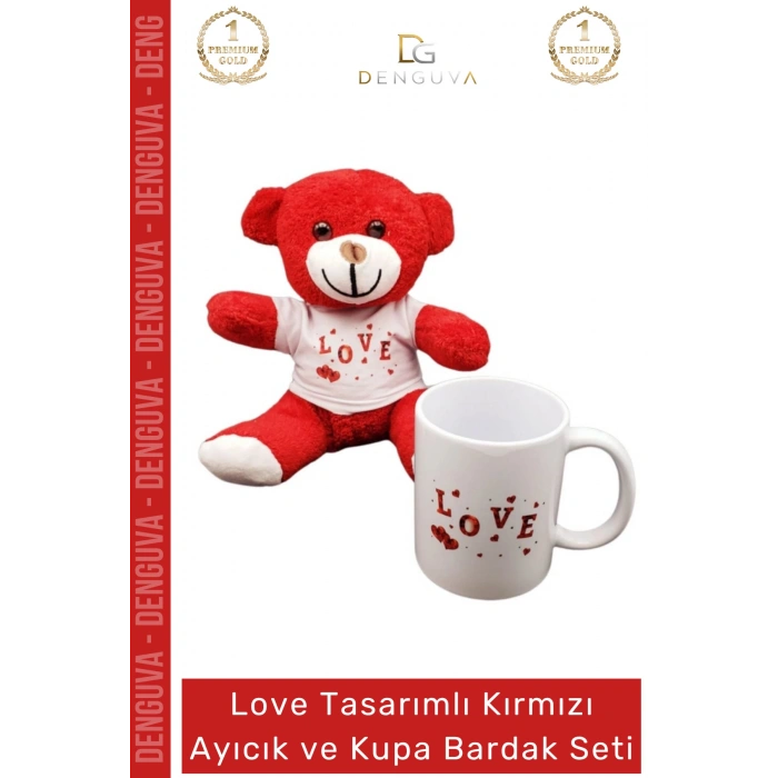 #AyıcıkSeti Love Baskılı Tişörtlü Peluş Porselen Hediye Kırmızı Ayıcık Kupa Bardak Seti