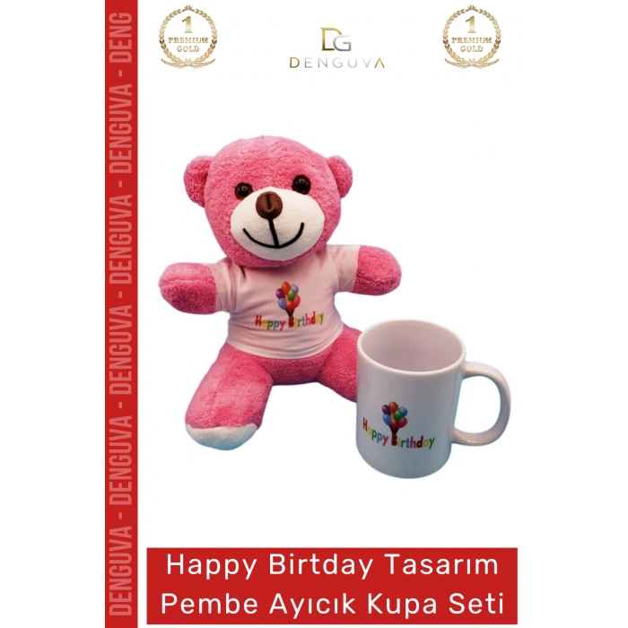 #AyıcıkSeti Happy Birthday Baskılı Tişörtlü Peluş Pembe Hediye Ayıcık Porselen Kupa Bardak Seti