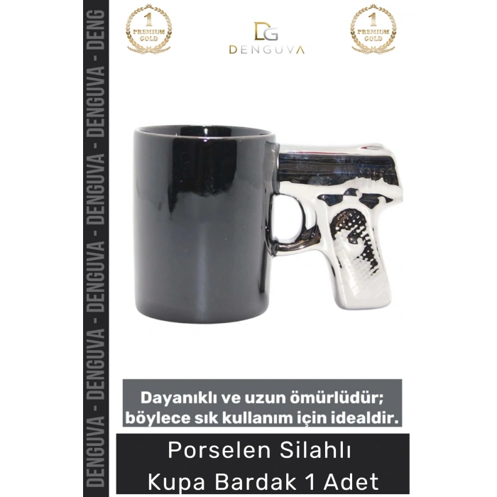 #KupaBardak Hediyelik Porselen Mat Siyah Tasarım Tabancalı Kulp Ofis Ev Aksesuarı Silahlı Kupa Bardak