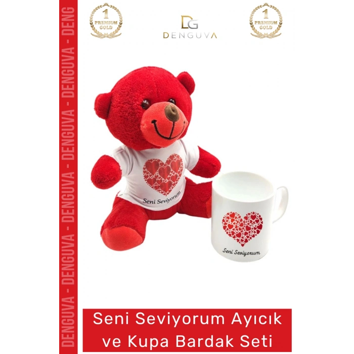 #AyıcıkSeti Peluş Seni Seviyorum Baskılı Tişörtlü Seramik Şık Hediye Ayıcık Kupa Bardak Seti