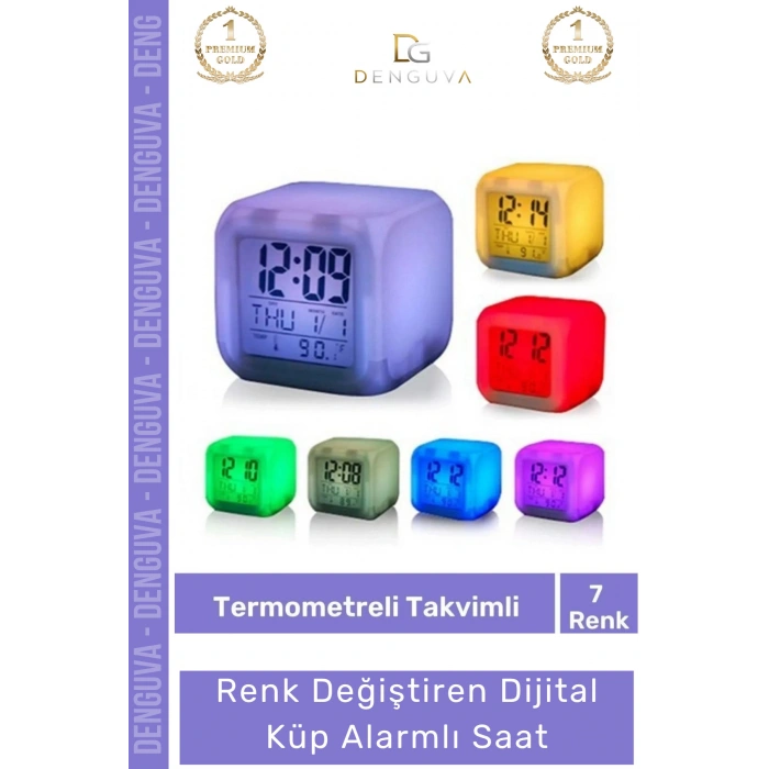 #RenkliSaat 7 Renk değiştiren Gece Lambası Termometre Takvim Işıklı Dijital Küp Alarmlı Masa Çalar Saat