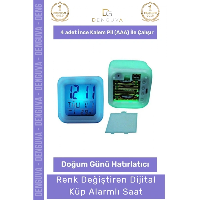 #RenkliSaat 7 Renk değiştiren Gece Lambası Termometre Takvim Işıklı Dijital Küp Alarmlı Masa Çalar Saat