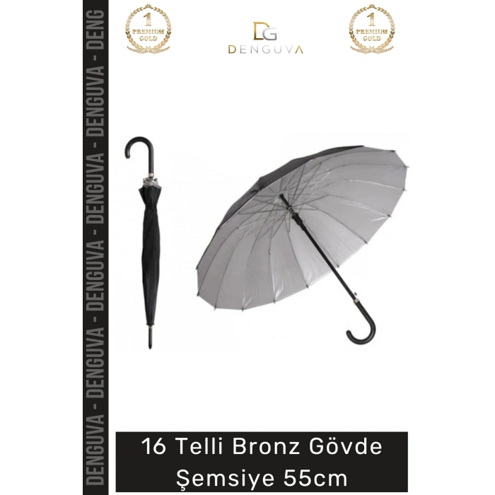 #Şemsiye Otomatik Baston Tipi Rüzgar Korumalı Fiber Sağlam Şık 16 Telli Bronz Gövde Şemsiye 55cm