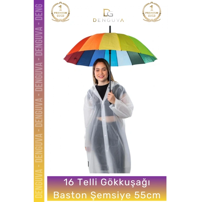 #Şemsiye Otomatik Rüzgara Dayanıklı Fiber Kaliteli Sağlam 16 Telli Gökkuşağı Baston Şemsiye 55cm