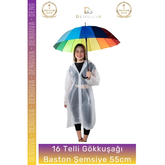 #Şemsiye Otomatik Rüzgara Dayanıklı Fiber Kaliteli Sağlam 16 Telli Gökkuşağı Baston Şemsiye 55cm