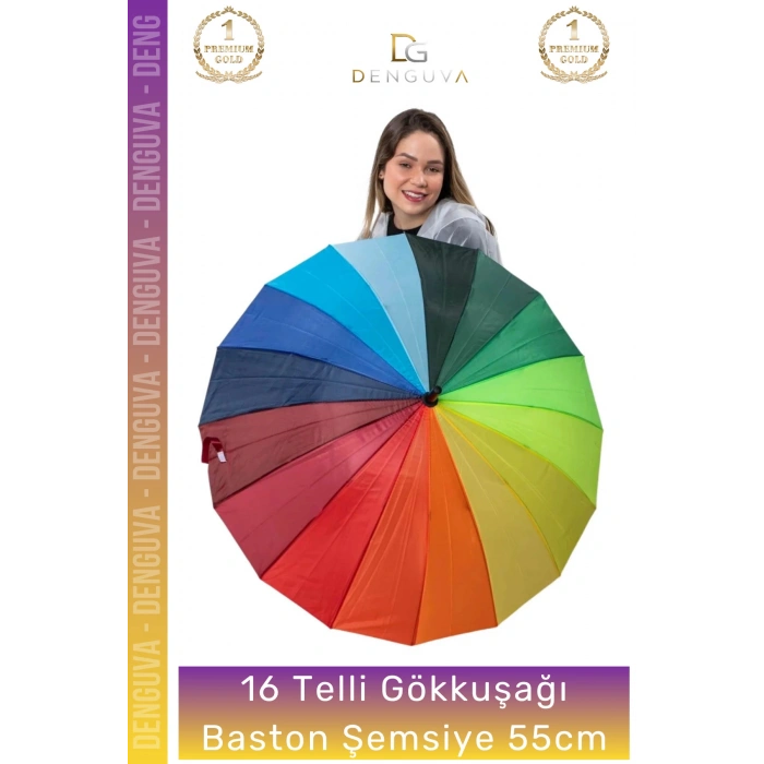 #Şemsiye Otomatik Rüzgara Dayanıklı Fiber Kaliteli Sağlam 16 Telli Gökkuşağı Baston Şemsiye 55cm