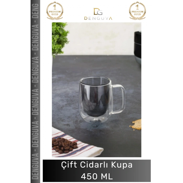 #CamKupa 450ml Isı Yalıtımlı Borosilikat Modern Şık Estetik Dayanıklı Çift Cidarlı Cam Kupa Gri
