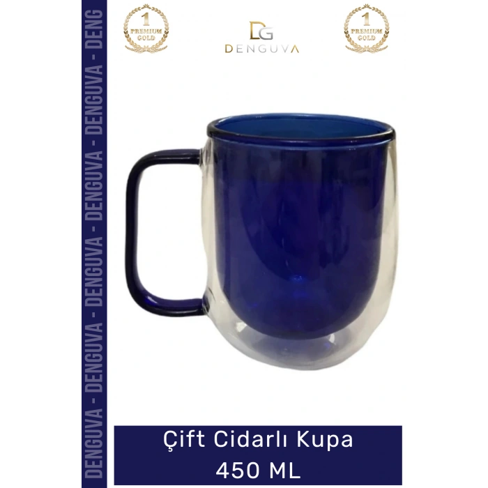 #CamKupa Isı Yalıtımlı Modern Tasarım 450 ml Kapasite Kaliteli Çift Cidarlı Cam Kupa Lacivert