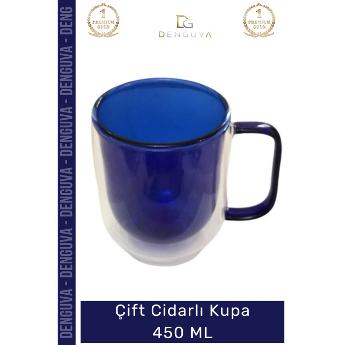 #CamKupa Isı Yalıtımlı Modern Tasarım 450 ml Kapasite Kaliteli Çift Cidarlı Cam Kupa Lacivert
